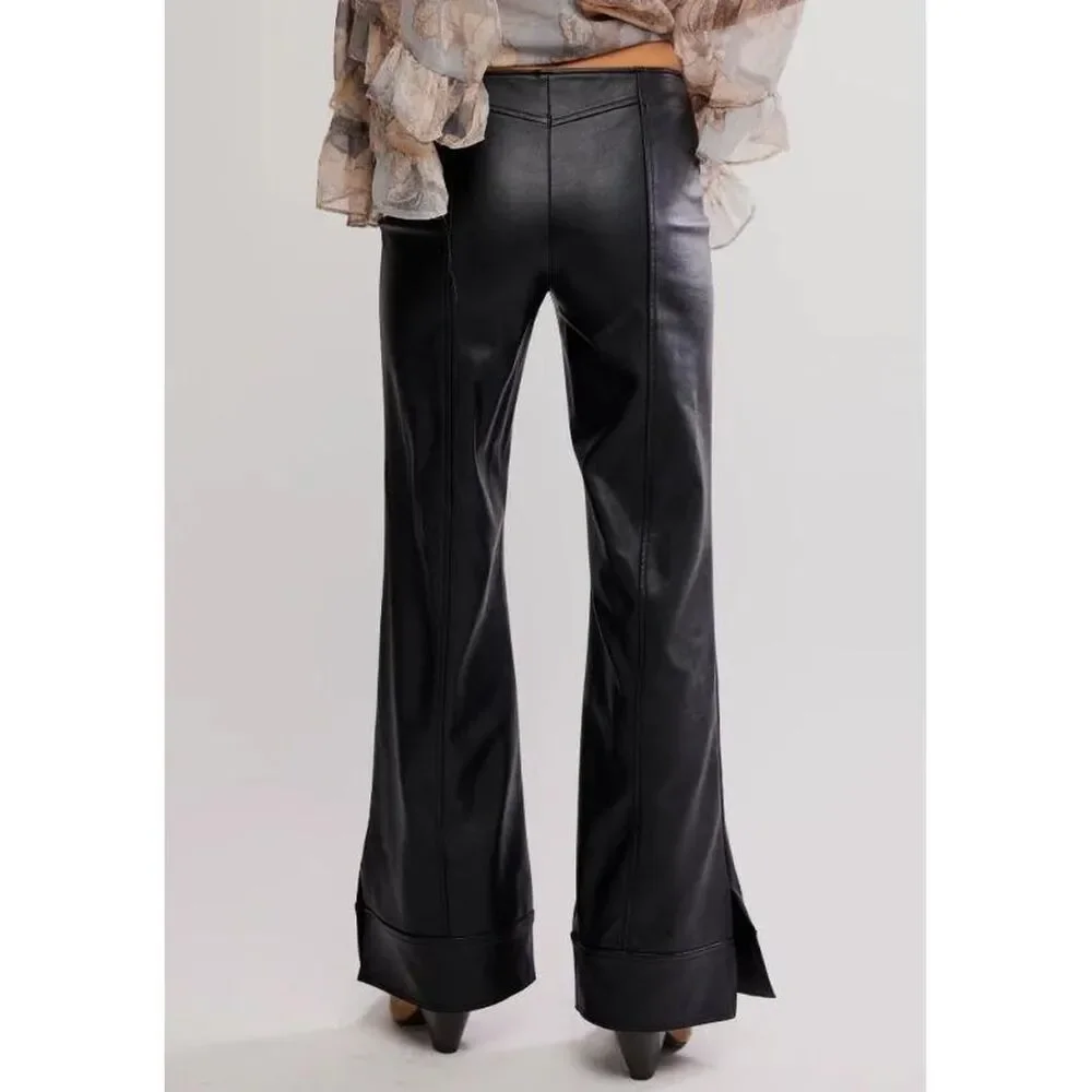 New Free People Glow Up Black Vegan Leather Wide Leg Pants High Rise Size 8